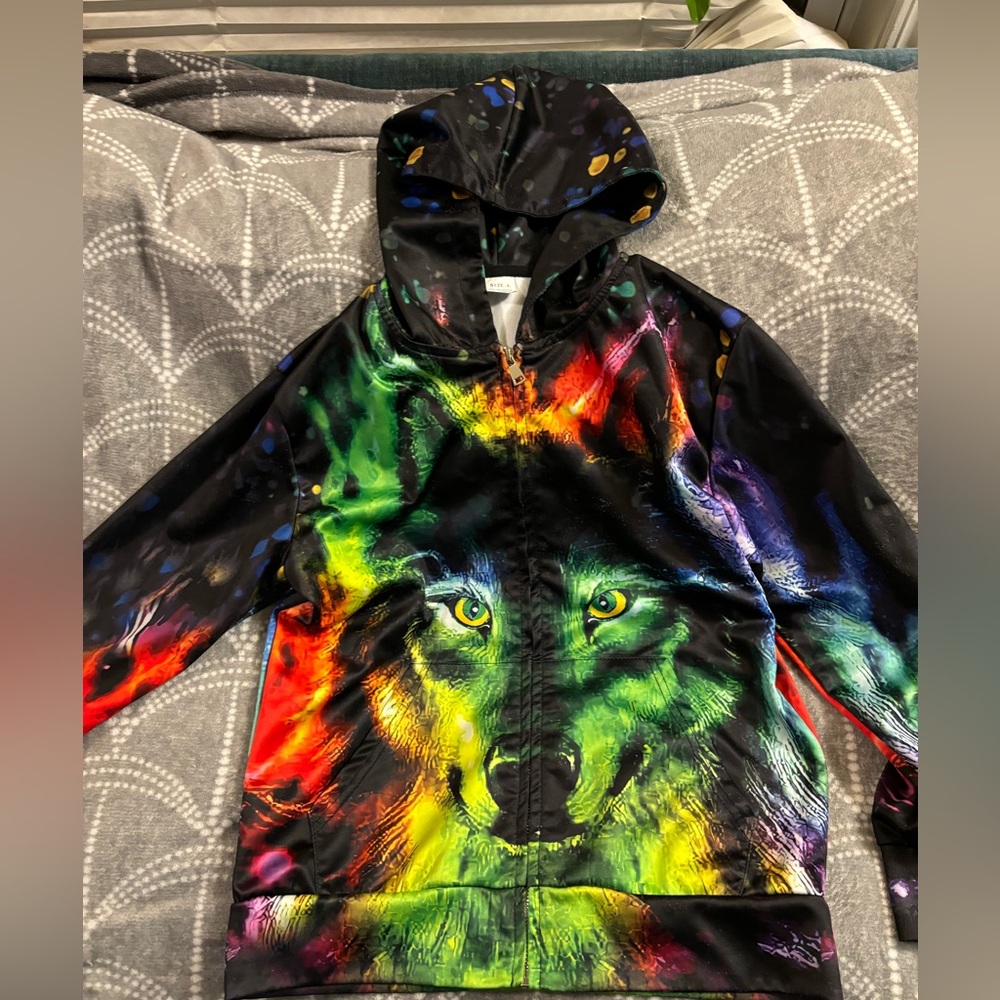 Technicolor Wolf Hoodie.  Boys size L (10/12)